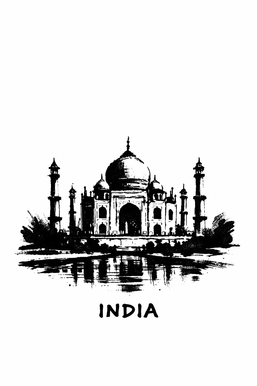 Minimalist black ink travel poster illustration featuring "India" with bold brush strokes and strong negative space on white background. 