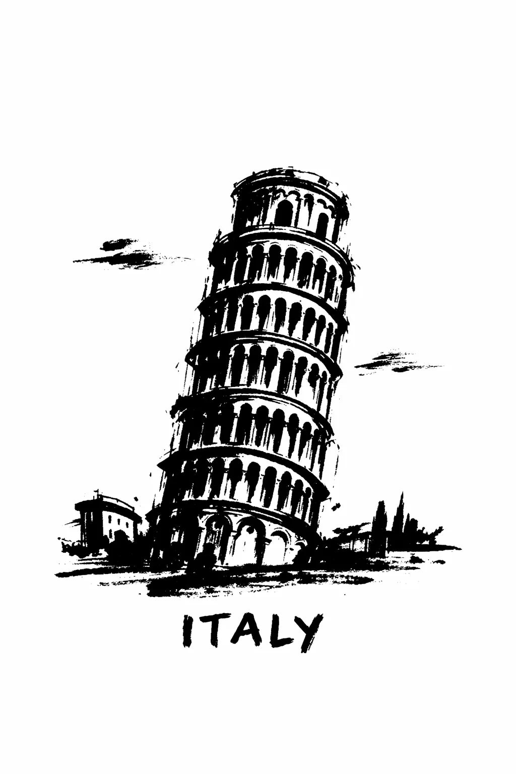 Minimalist black ink travel poster illustration featuring "Italy" with bold brush strokes and strong negative space on white background. 
