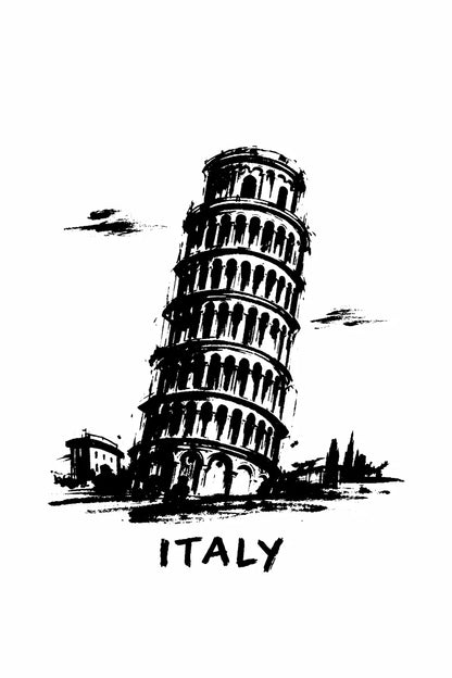 Minimalist black ink travel poster illustration featuring "Italy" with bold brush strokes and strong negative space on white background. 