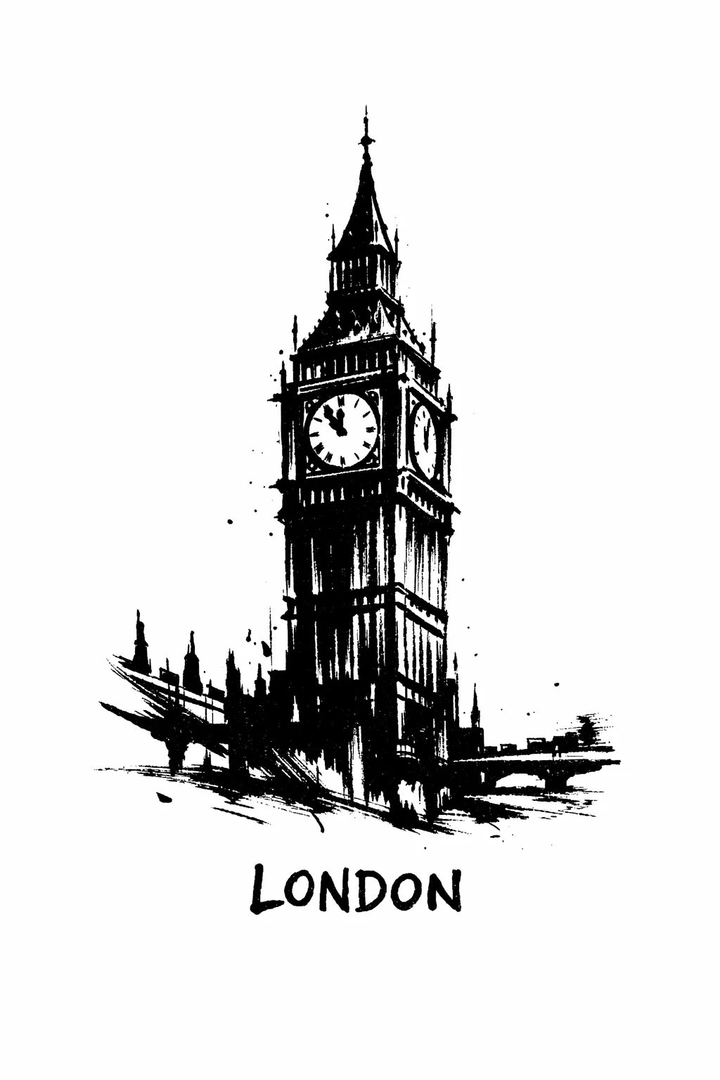 Minimalist black ink travel poster illustration featuring "London" with bold brush strokes and strong negative space on white background. 
