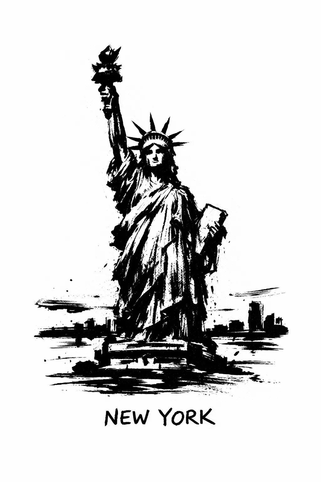 Minimalist black ink travel poster illustration featuring "New York" with bold brush strokes and strong negative space on white background. 