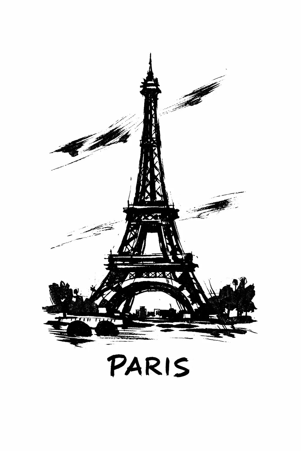 Minimalist black ink travel poster illustration featuring "Paris" with bold brush strokes and strong negative space on white background. 