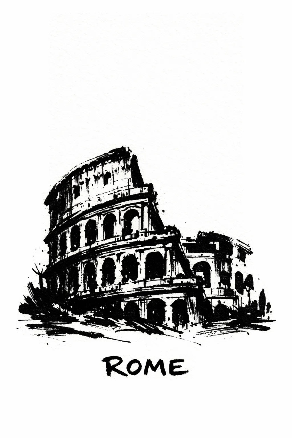 Minimalist black ink travel poster illustration featuring "Rome" with bold brush strokes and strong negative space on white background. 