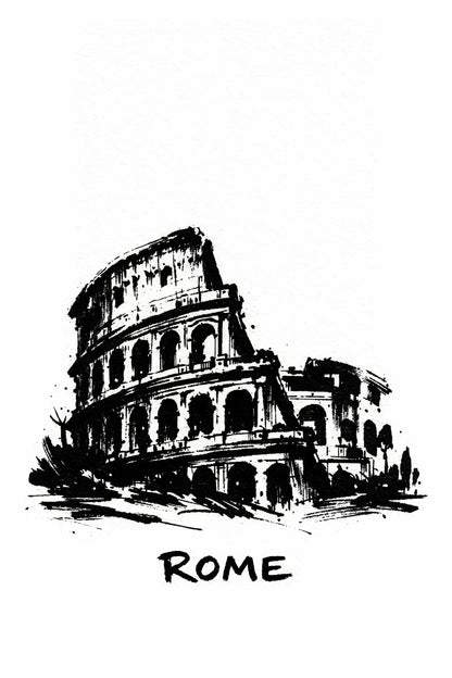 Minimalist black ink travel poster illustration featuring "Rome" with bold brush strokes and strong negative space on white background. 