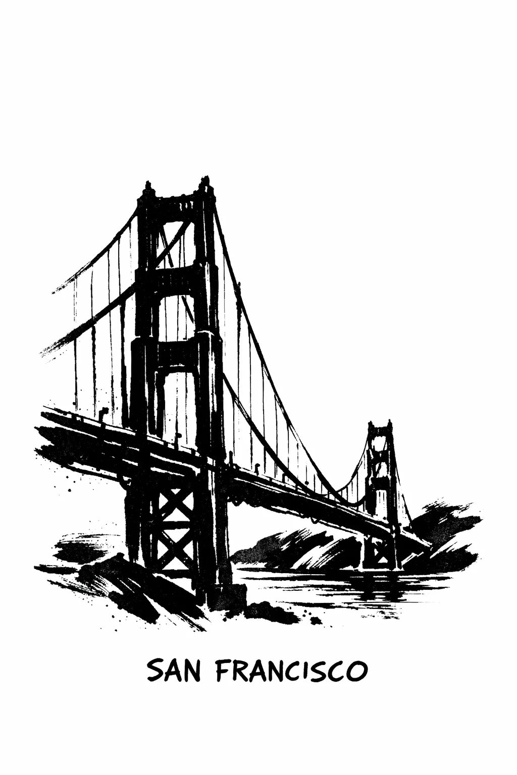 Minimalist black ink travel poster illustration featuring "San Francisco" with bold brush strokes and strong negative space on white background. 
