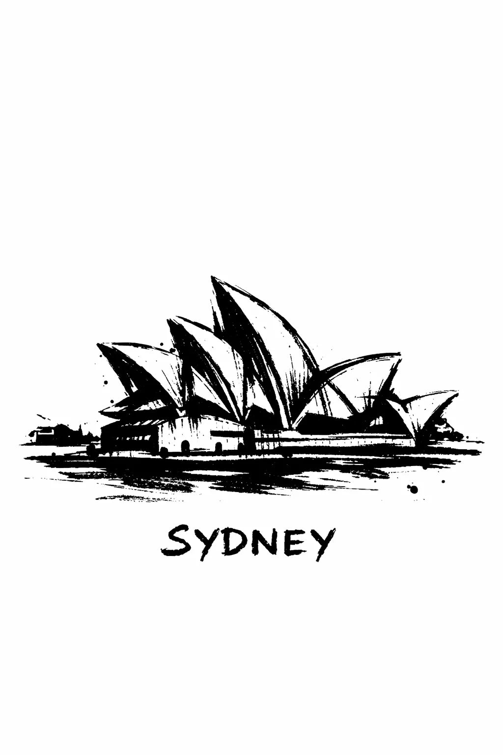 Minimalist black ink travel poster illustration featuring "Sydney" with bold brush strokes and strong negative space on white background. 