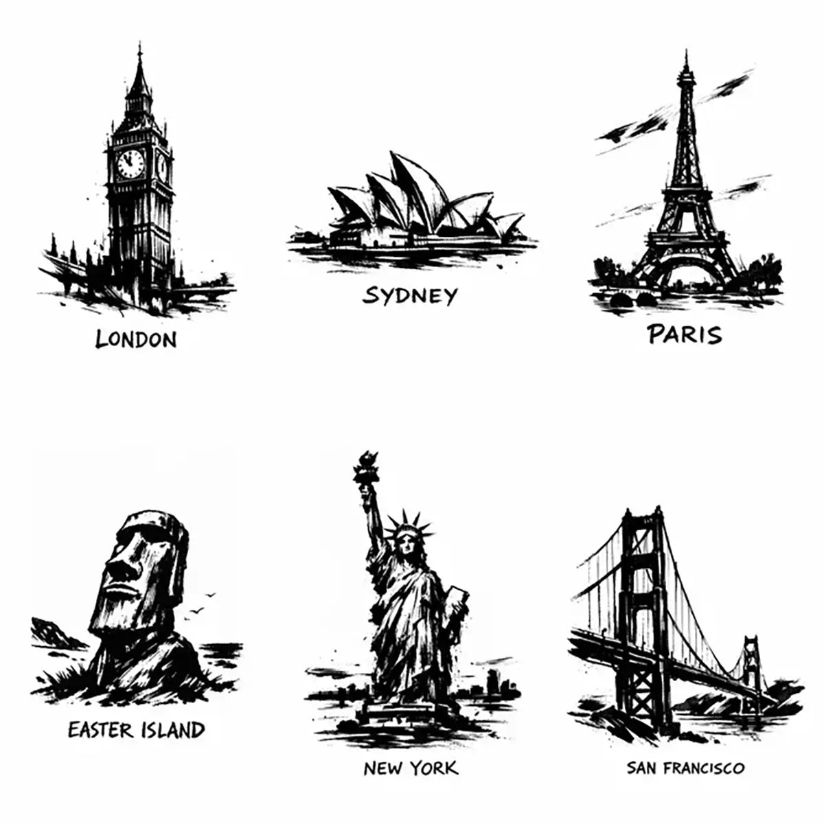 Minimalist black ink travel poster illustrations featuring iconic landmarks with bold brush strokes and strong negative space on white background. 