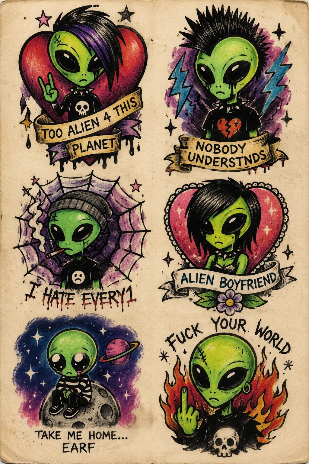 Example output from the Intentionally Awful Flash Tattoos ChatGPT prompt: an emo aliens flash sheet in deliberately crude tattoo style with crooked layouts and banner captions on aged paper.