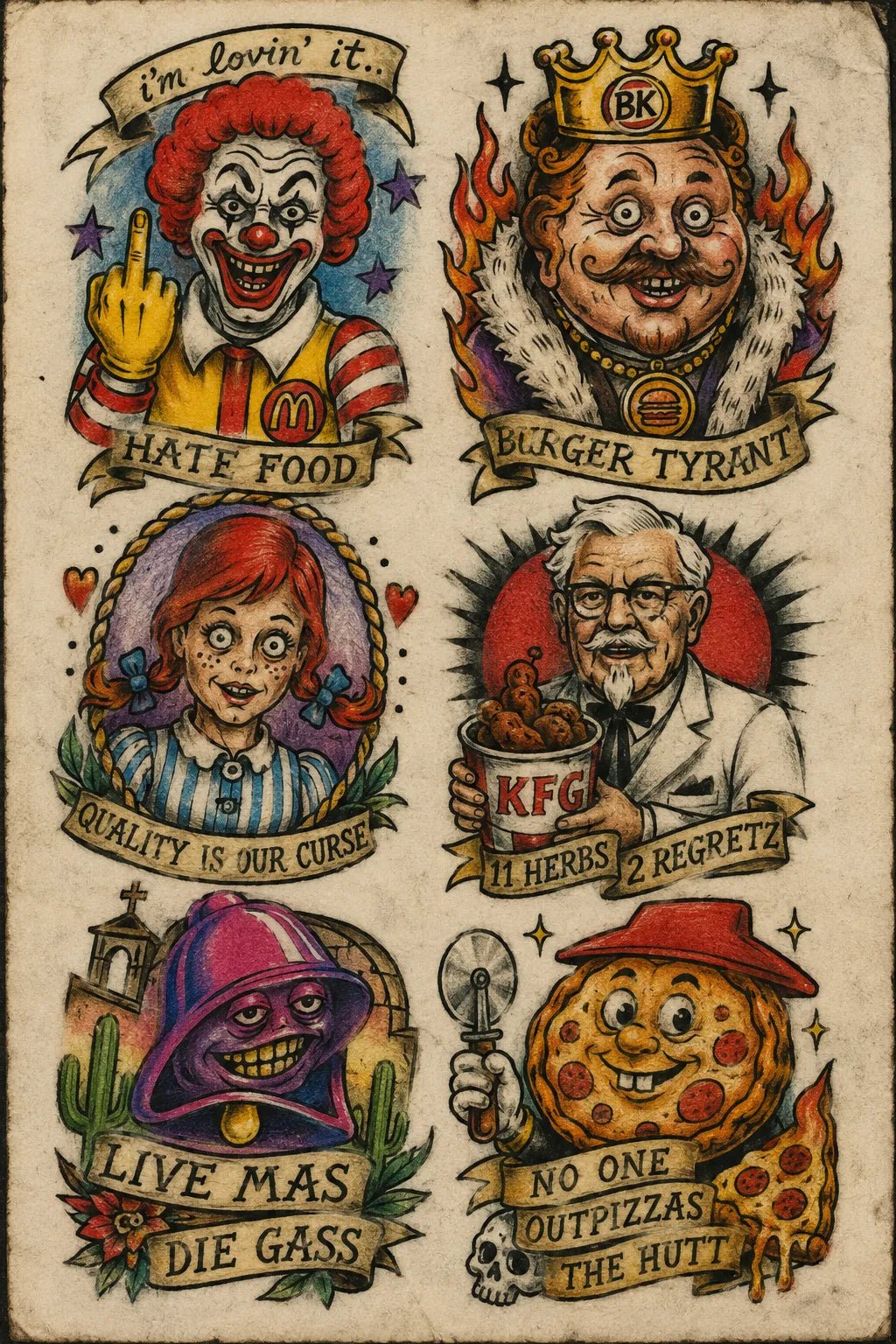 Example output from the Intentionally Awful Flash Tattoos ChatGPT prompt: a fast food mascot flash sheet with six crudely drawn parody characters and banner captions on aged paper.