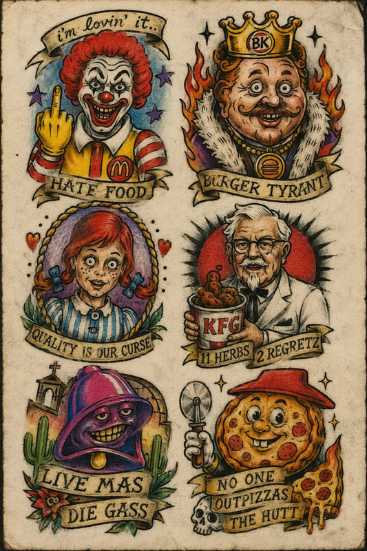 Example output from the Intentionally Awful Flash Tattoos ChatGPT prompt: a fast food mascot flash sheet with six crudely drawn parody characters and banner captions on aged paper.