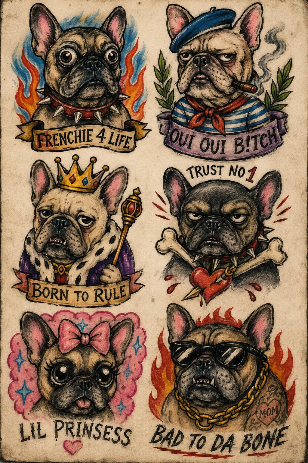 Example output from the Intentionally Awful Flash Tattoos ChatGPT prompt: a French bulldog flash sheet with six crudely drawn bulldogs in hats, crowns and sunglasses on aged paper.