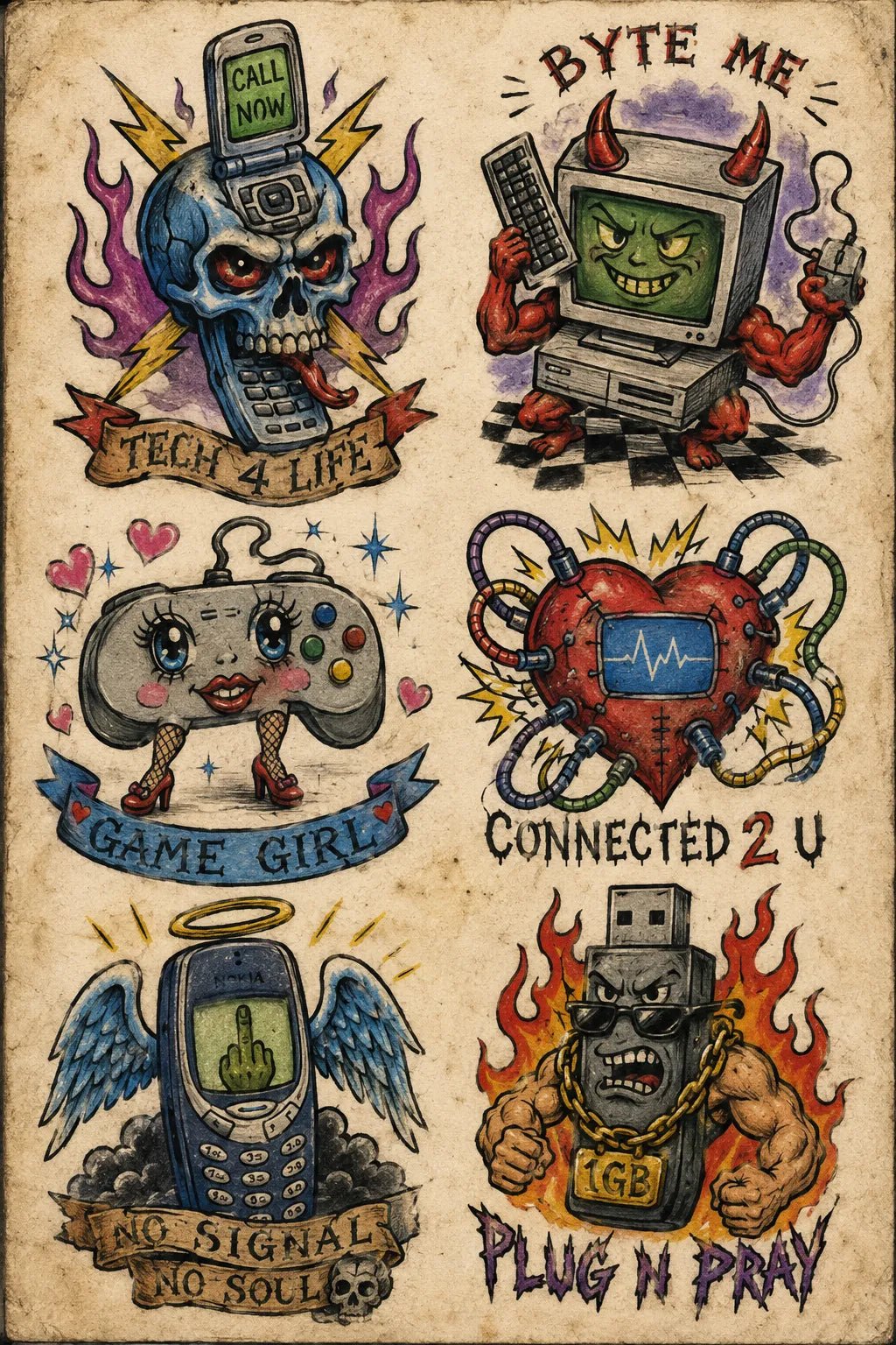 Example output from the Intentionally Awful Flash Tattoos ChatGPT prompt: a funky technology flash sheet with a flaming skull phone, demon monitor, game controller and winged mobile on aged paper.