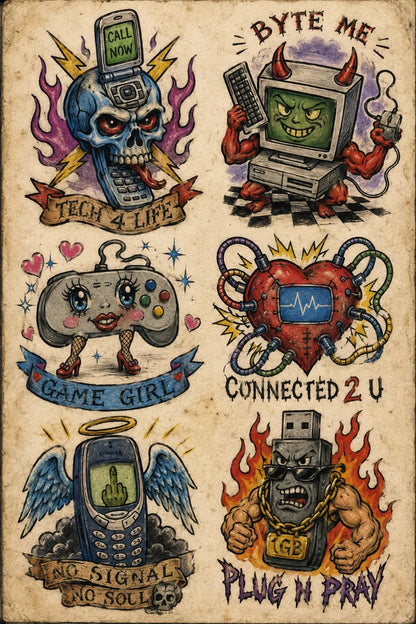 Example output from the Intentionally Awful Flash Tattoos ChatGPT prompt: a funky technology flash sheet with a flaming skull phone, demon monitor, game controller and winged mobile on aged paper.
