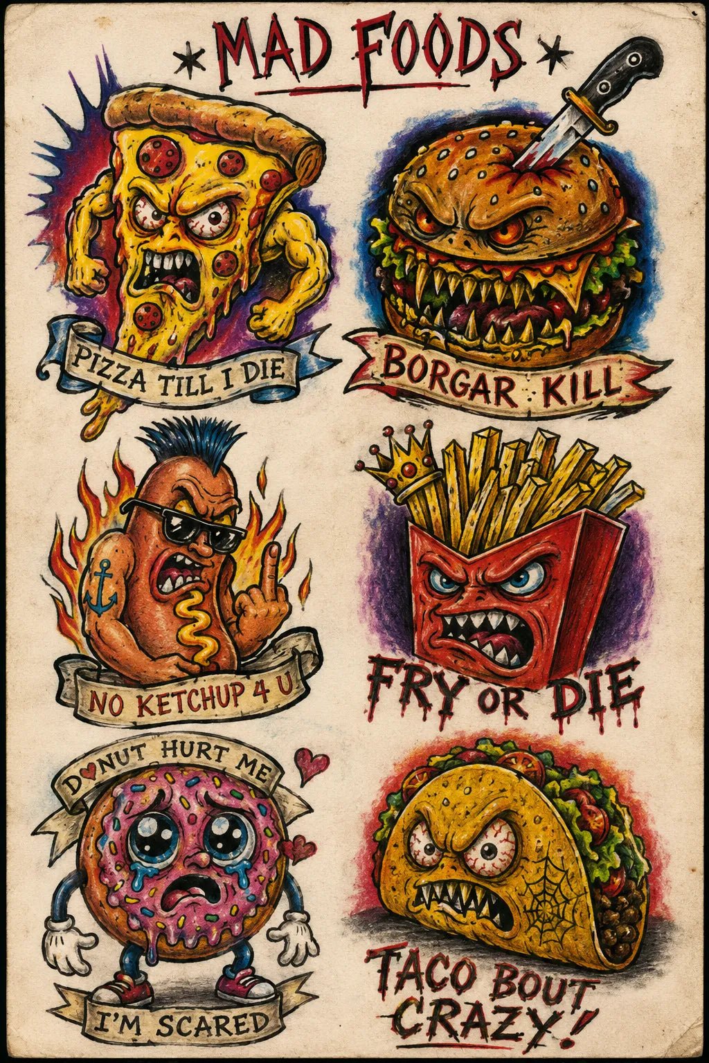Example output from the Intentionally Awful Flash Tattoos ChatGPT prompt: a mad foods flash sheet in deliberately crude tattoo style with crooked layouts and banner captions on aged paper.