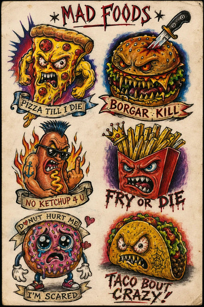 Example output from the Intentionally Awful Flash Tattoos ChatGPT prompt: a mad foods flash sheet in deliberately crude tattoo style with crooked layouts and banner captions on aged paper.
