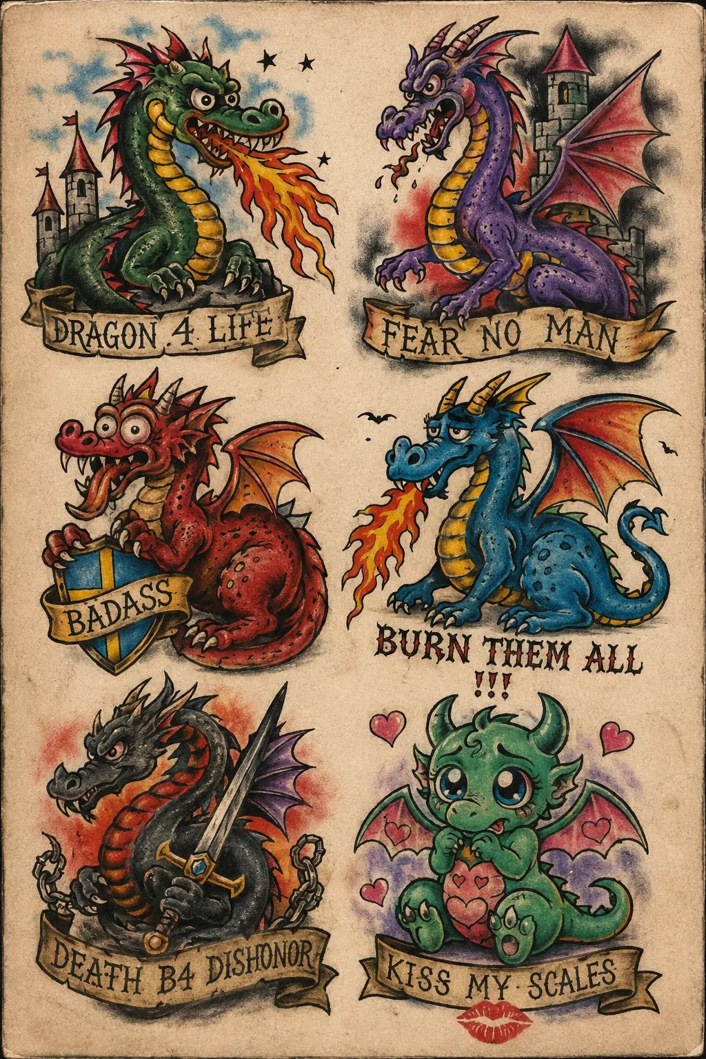 Example output from the Intentionally Awful Flash Tattoos ChatGPT prompt: a medieval dragons flash sheet with six wonky dragons breathing fire, on aged paper with banner captions.