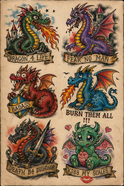 Example output from the Intentionally Awful Flash Tattoos ChatGPT prompt: a medieval dragons flash sheet with six wonky dragons breathing fire, on aged paper with banner captions.
