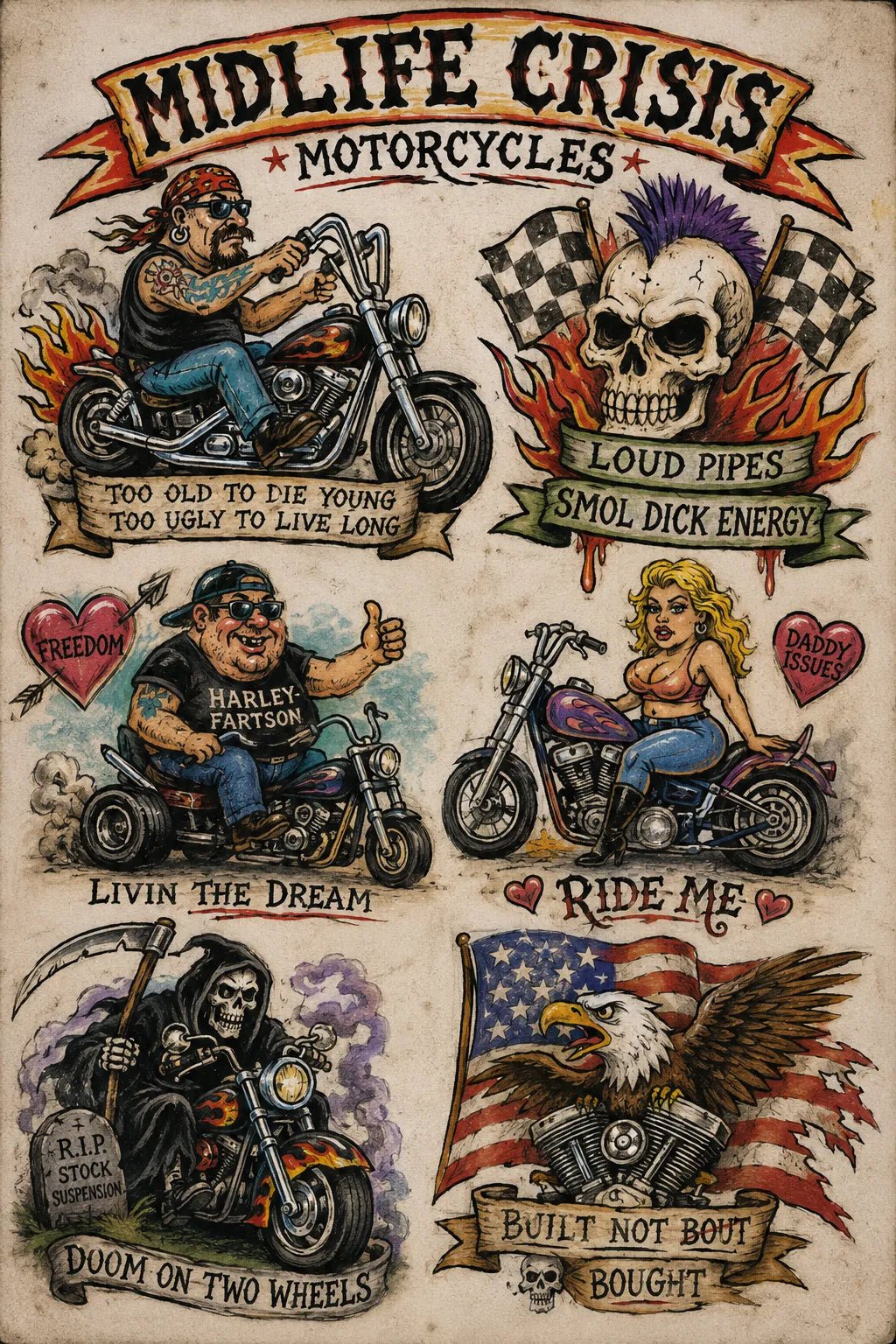 Example output from the Intentionally Awful Flash Tattoos ChatGPT prompt: a midlife crisis motorcycles flash sheet with bikers, flaming skulls, an eagle and banner captions on aged paper.