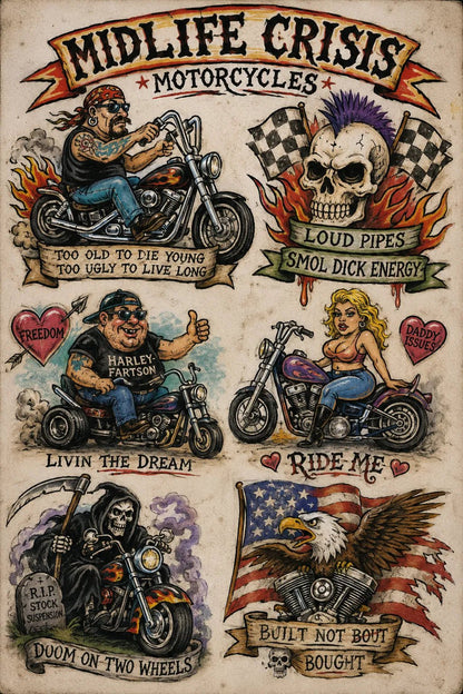 Example output from the Intentionally Awful Flash Tattoos ChatGPT prompt: a midlife crisis motorcycles flash sheet with bikers, flaming skulls, an eagle and banner captions on aged paper.