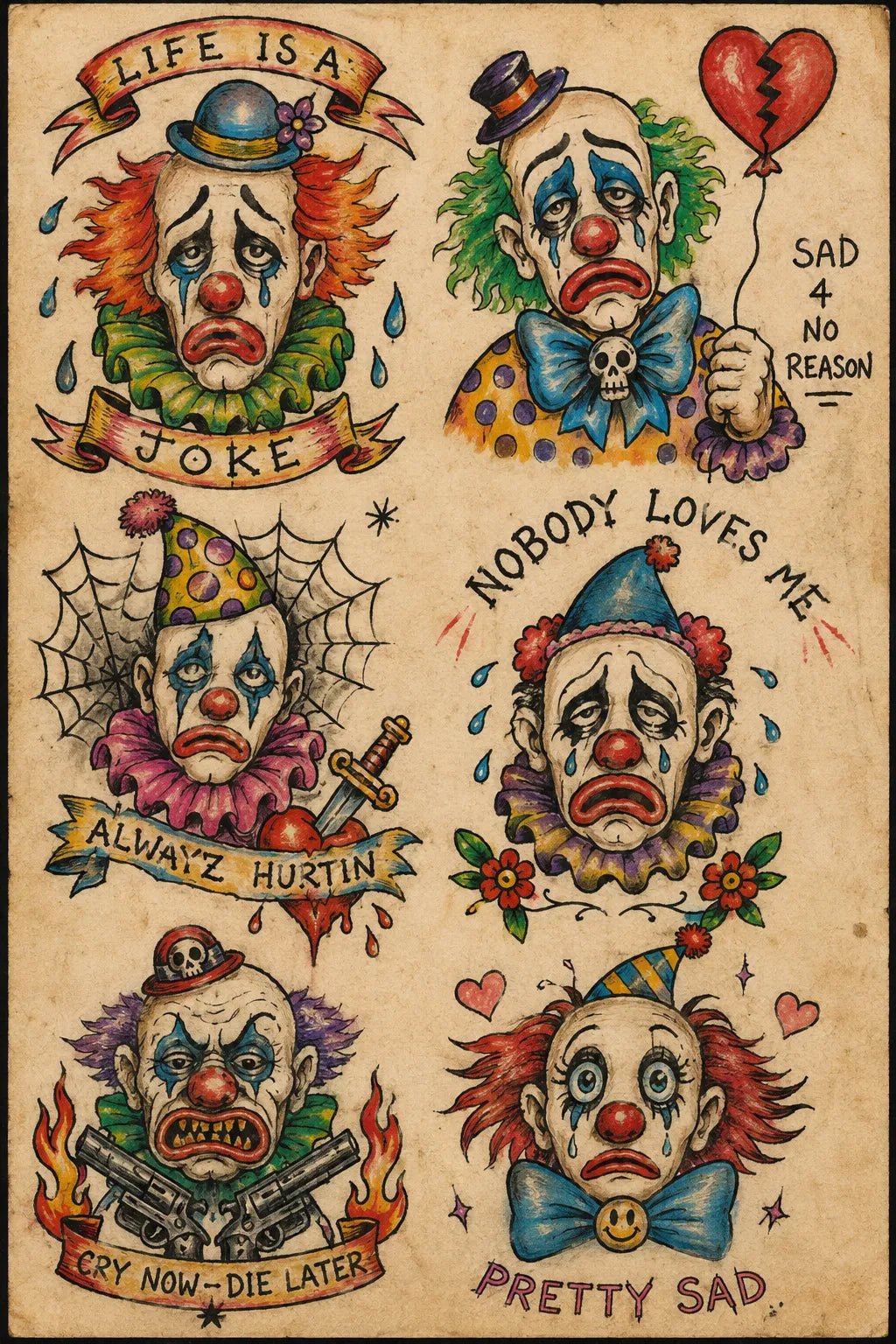 Example output from the Intentionally Awful Flash Tattoos ChatGPT prompt: a sad clowns flash sheet with six weeping clown faces and banner captions on aged paper.