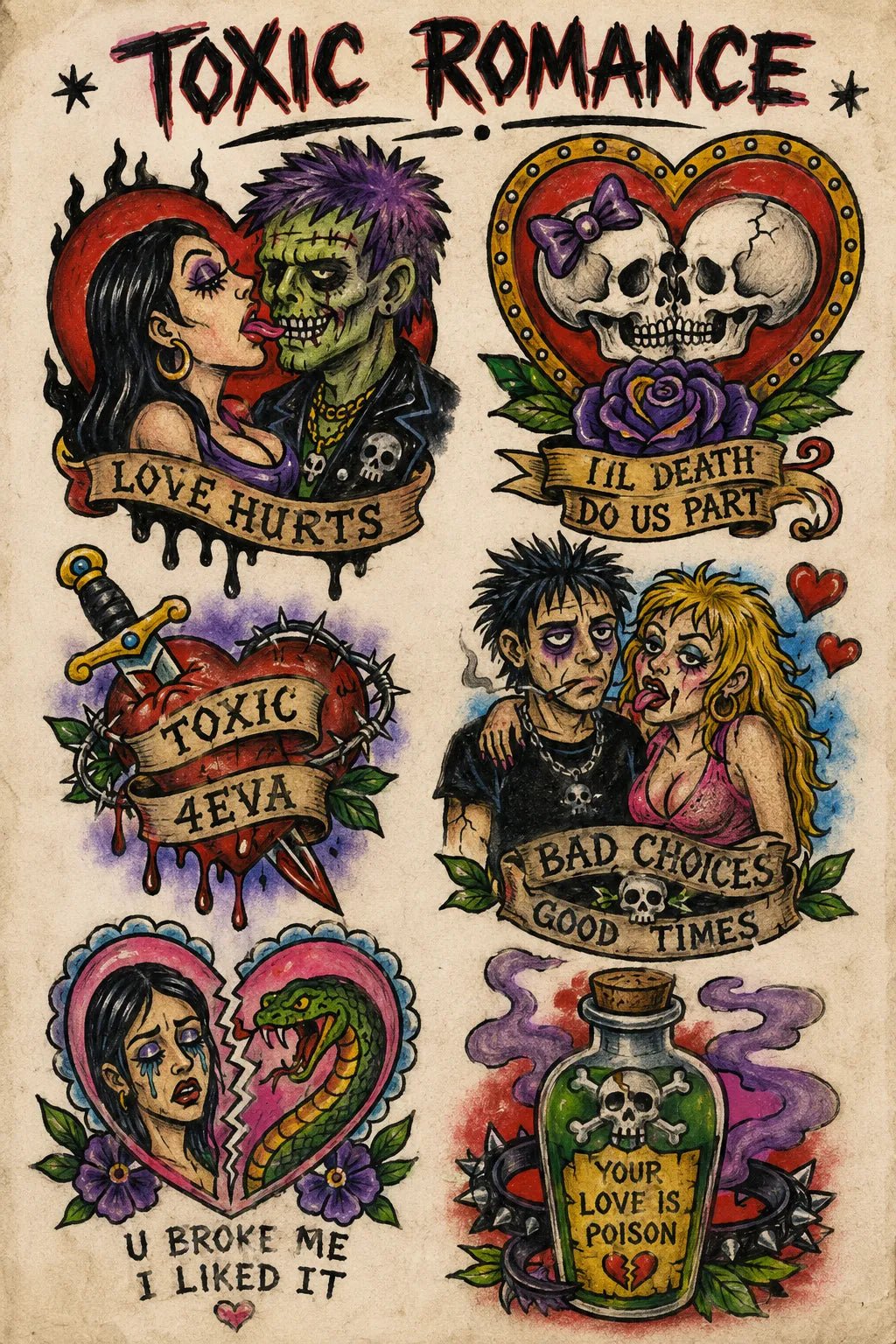 Example output from the Intentionally Awful Flash Tattoos ChatGPT prompt: a toxic romance flash sheet in deliberately crude tattoo style with crooked layouts and banner captions on aged paper.