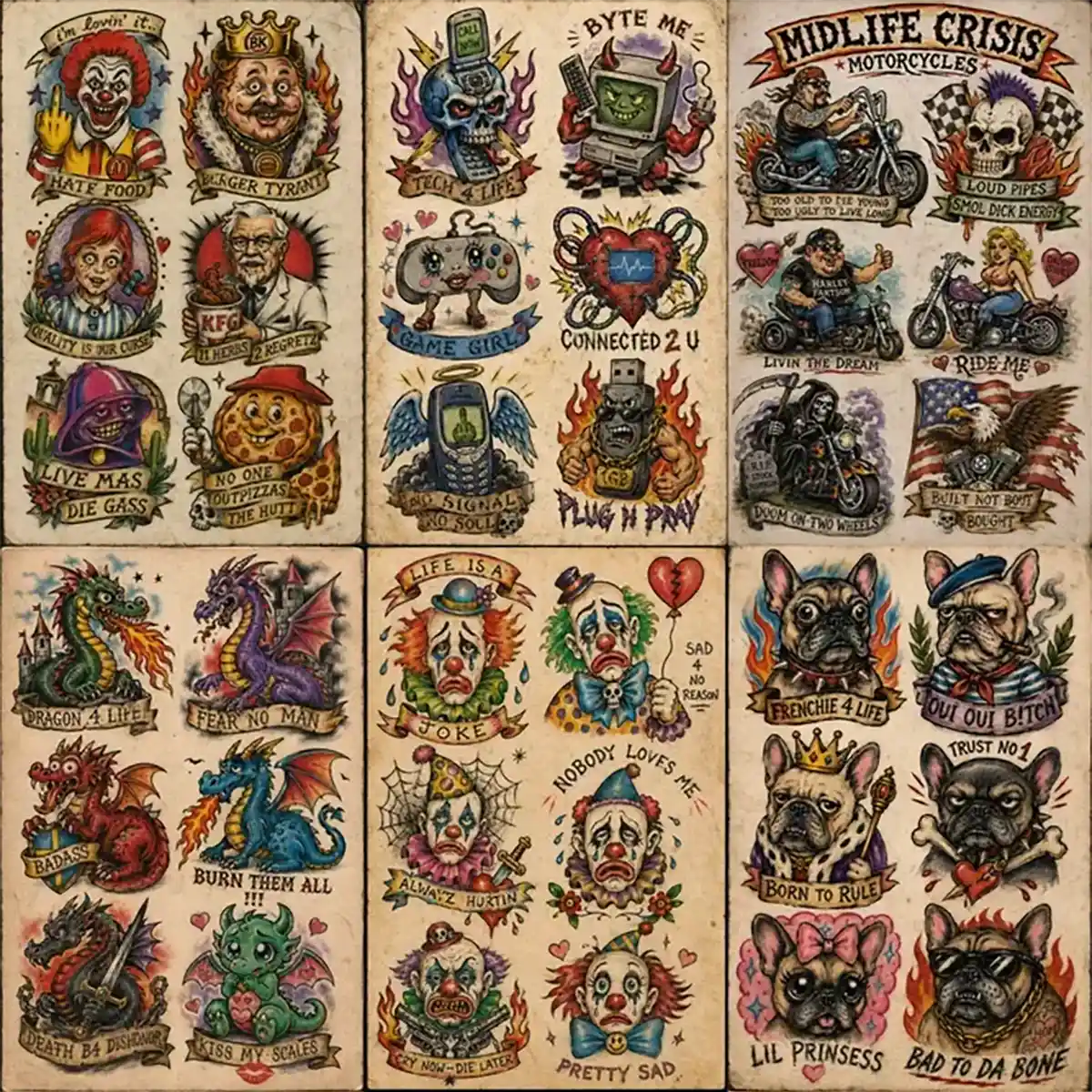 Example output from the Intentionally Awful Flash Tattoos ChatGPT prompt: six aged tattoo flash sheets in deliberately crude early-2000s style, themed fast food mascots, funky technology, midlife crisis motorcycles, medieval dragons, sad clowns and French bulldogs.