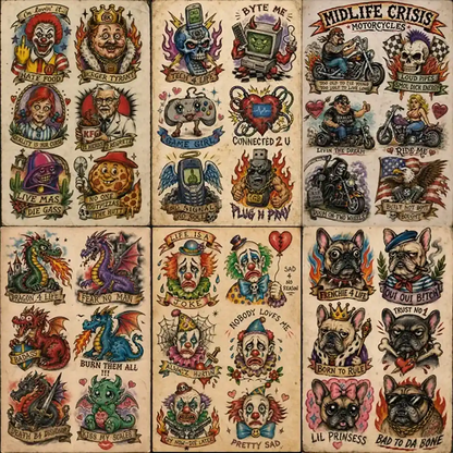 Example output from the Intentionally Awful Flash Tattoos ChatGPT prompt: six aged tattoo flash sheets in deliberately crude early-2000s style, themed fast food mascots, funky technology, midlife crisis motorcycles, medieval dragons, sad clowns and French bulldogs.