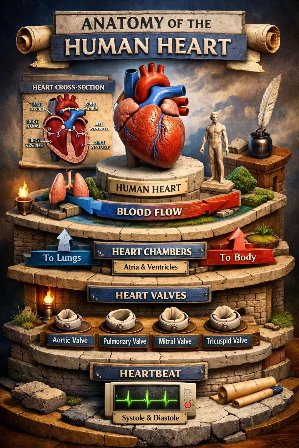 Example output from the Isometric History Infographic Timelines ChatGPT prompt: an Anatomy of the Human Heart infographic as stacked 3D isometric tiers showing blood flow, heart chambers, valves and heartbeat with a detailed heart model.