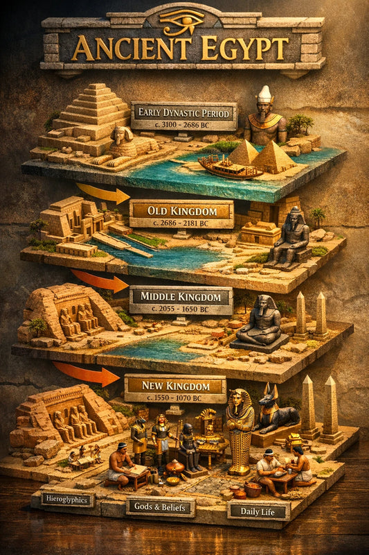 Example output from the Isometric History Infographic Timelines ChatGPT prompt: an Ancient Egypt timeline as stacked 3D isometric tiers showing the Early Dynastic Period, Old Kingdom, Middle Kingdom and New Kingdom with pyramids, temples and miniature figures.