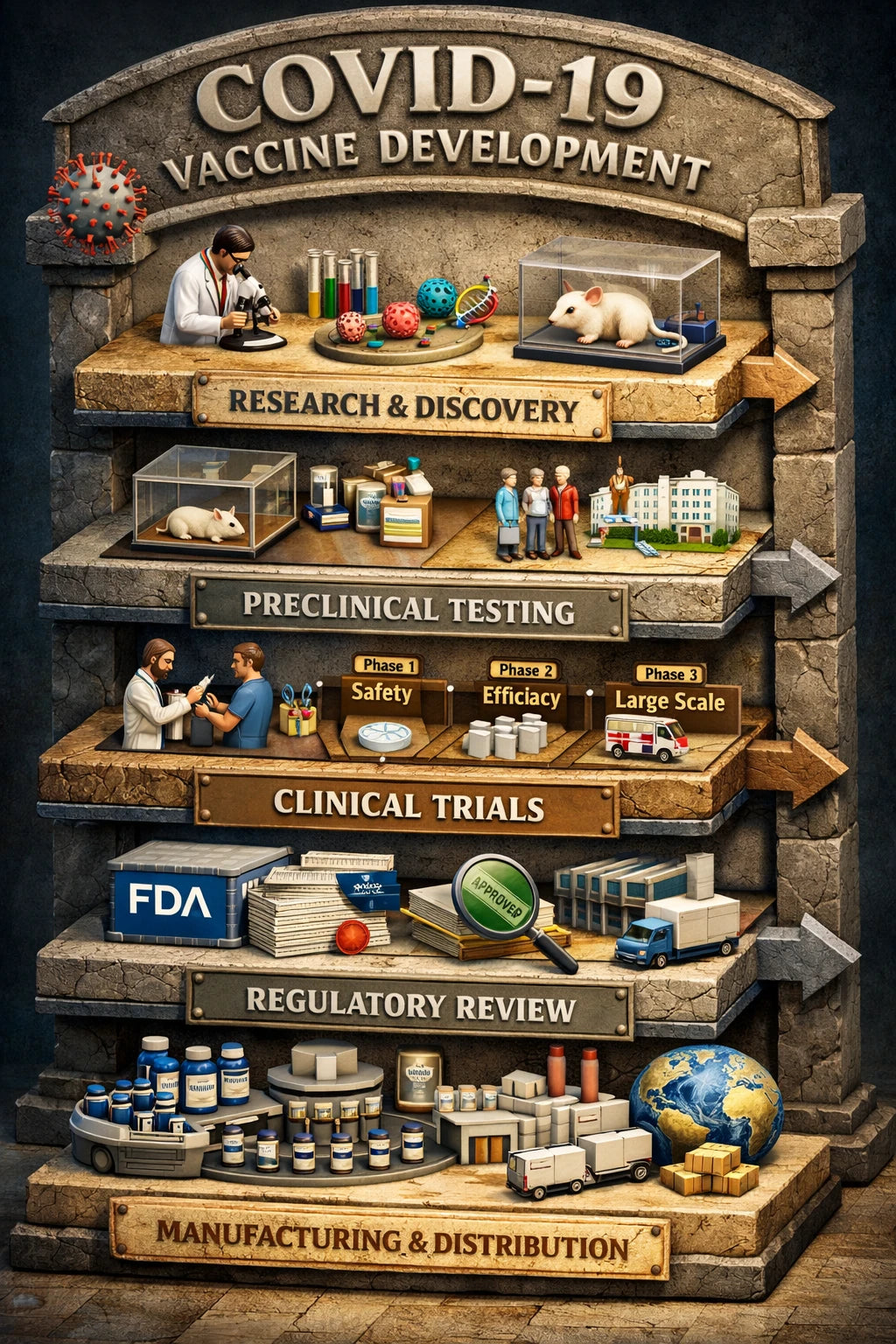 Example output from the Isometric History Infographic Timelines ChatGPT prompt: a COVID-19 vaccine development infographic as stacked 3D isometric tiers from research and discovery through clinical trials and regulatory review to manufacturing and distribution.