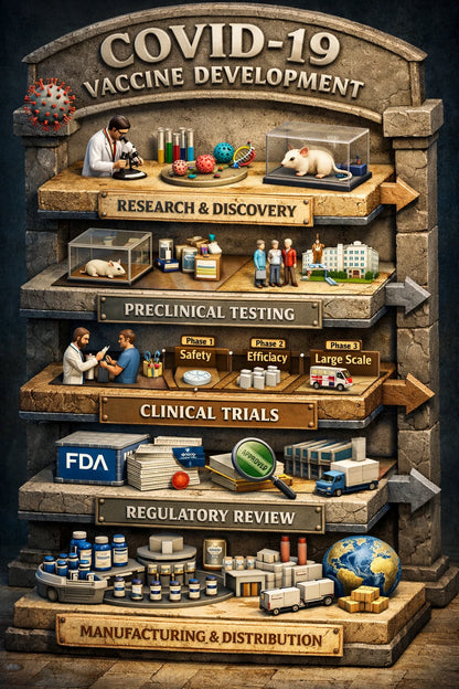 Example output from the Isometric History Infographic Timelines ChatGPT prompt: a COVID-19 vaccine development infographic as stacked 3D isometric tiers from research and discovery through clinical trials and regulatory review to manufacturing and distribution.