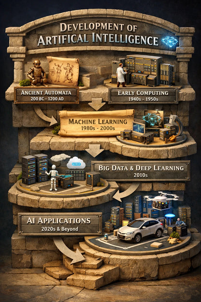 Example output from the Isometric History Infographic Timelines ChatGPT prompt: a Development of Artificial Intelligence timeline as layered 3D isometric tiers with miniature models, realistic materials and cinematic depth.