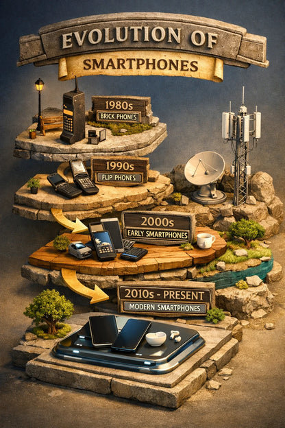 Example output from the Isometric History Infographic Timelines ChatGPT prompt: an Evolution of Smartphones timeline as layered 3D isometric tiers with miniature models, realistic materials and cinematic depth.