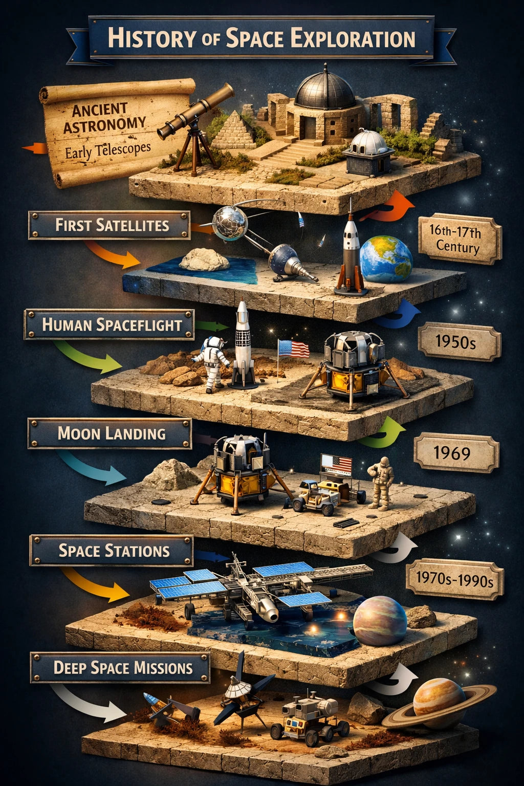 Example output from the Isometric History Infographic Timelines ChatGPT prompt: a History of Space Exploration infographic as stacked 3D isometric tiers from ancient astronomy and first satellites to the moon landing, space stations and deep space missions.