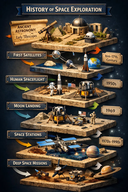 Example output from the Isometric History Infographic Timelines ChatGPT prompt: a History of Space Exploration infographic as stacked 3D isometric tiers from ancient astronomy and first satellites to the moon landing, space stations and deep space missions.