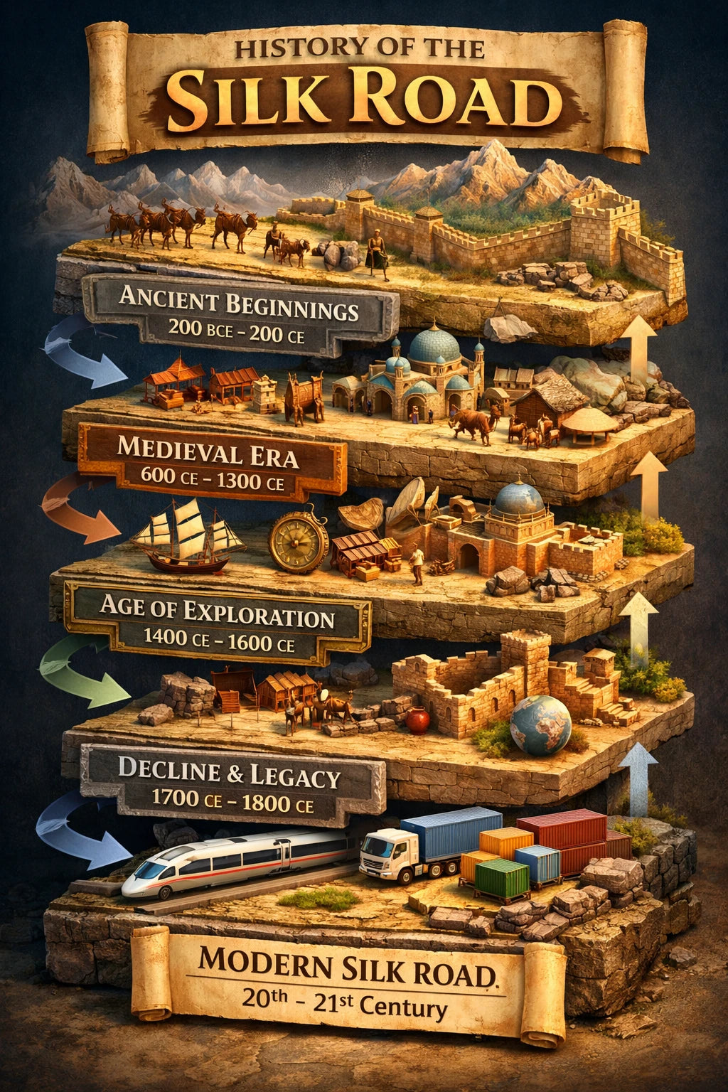Example output from the Isometric History Infographic Timelines ChatGPT prompt: a History of the Silk Road timeline as layered 3D isometric tiers with miniature models, realistic materials and cinematic depth.