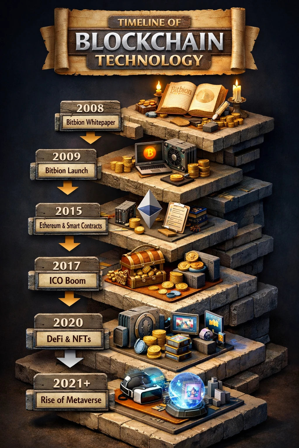 Example output from the Isometric History Infographic Timelines ChatGPT prompt: a Timeline of Blockchain Technology as descending 3D isometric tiers from the 2008 Bitcoin whitepaper through smart contracts and DeFi to the metaverse.
