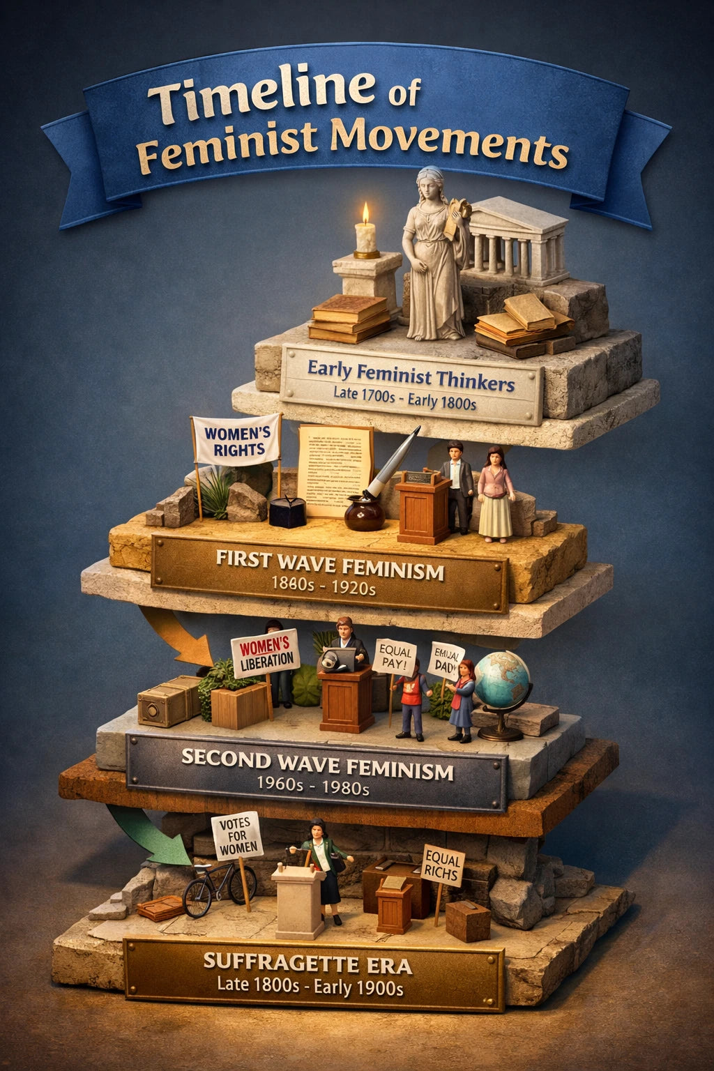 Example output from the Isometric History Infographic Timelines ChatGPT prompt: a Timeline of Feminist Movements as stacked 3D isometric tiers from early feminist thinkers through the suffragette era to second wave feminism, with miniature protest scenes.