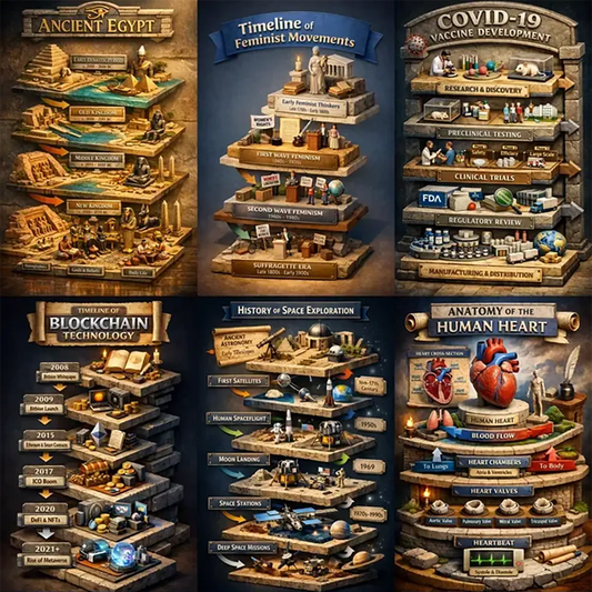 Example output from the Isometric History Infographic Timelines ChatGPT prompt: a six-panel grid of layered 3D isometric infographic scenes covering Ancient Egypt, feminist movements, COVID-19 vaccine development, blockchain, space exploration and human heart anatomy, with stacked stone tiers and miniature models.