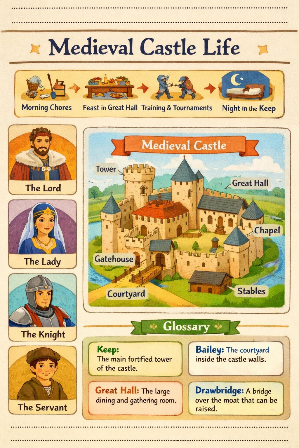 Example output from the Kids History Timeline Sheets ChatGPT prompt: a Medieval Castle Life classroom sheet with a daily routine strip, labelled castle diagram, character cards for the lord, lady, knight and servant, and a glossary.
