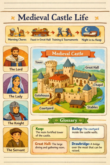 Example output from the Kids History Timeline Sheets ChatGPT prompt: a Medieval Castle Life classroom sheet with a daily routine strip, labelled castle diagram, character cards for the lord, lady, knight and servant, and a glossary.