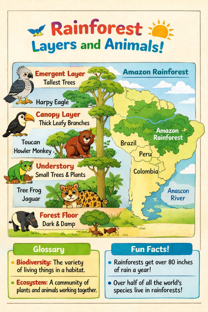 Example output from the Kids History Timeline Sheets ChatGPT prompt: a rainforest classroom sheet in a kid-friendly illustrated style with a timeline, map and glossary boxes.