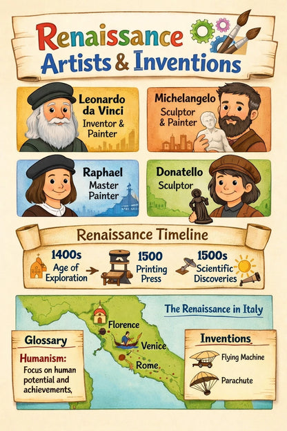 Example output from the Kids History Timeline Sheets ChatGPT prompt: a Renaissance Artists and Inventions classroom sheet with portraits of da Vinci, Michelangelo, Raphael and Donatello, a timeline, a map of Italy and an inventions box.