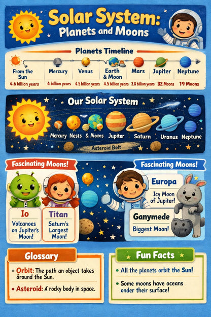 Example output from the Kids History Timeline Sheets ChatGPT prompt: a Solar System classroom sheet with a planets timeline, labelled solar system diagram, fascinating moons cards and a fun facts box.
