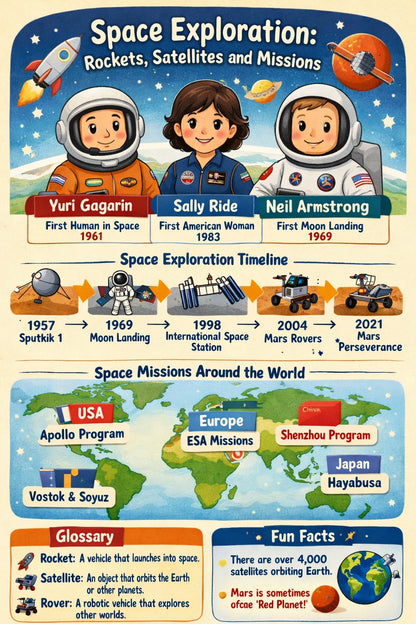 Example output from the Kids History Timeline Sheets ChatGPT prompt: a space exploration classroom sheet in a kid-friendly illustrated style with a timeline, diagrams and glossary boxes.