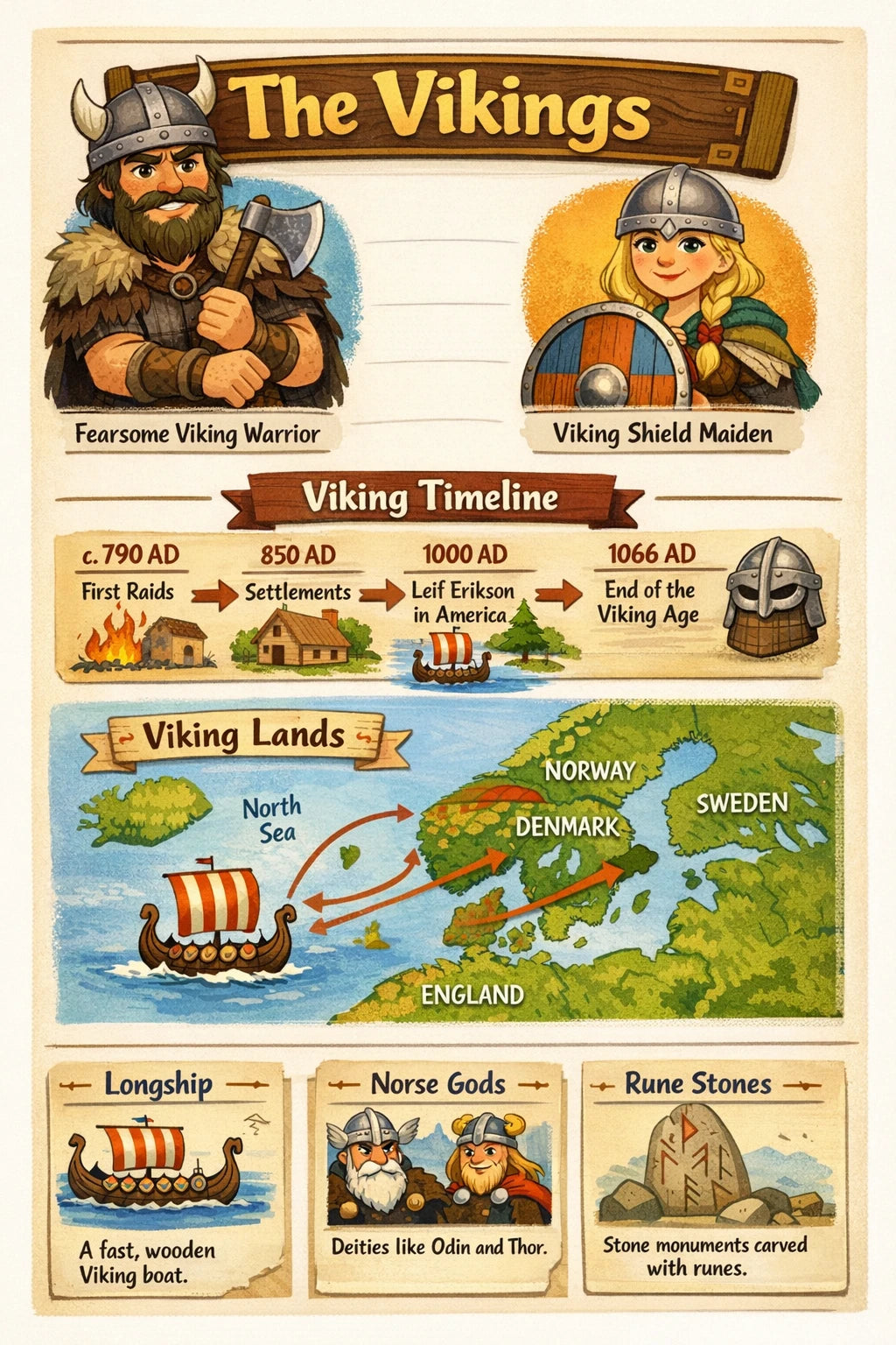 Example output from the Kids History Timeline Sheets ChatGPT prompt: a Vikings classroom sheet with a warrior and shield maiden, a Viking timeline, a map of Viking lands and longship, Norse gods and rune stone cards.