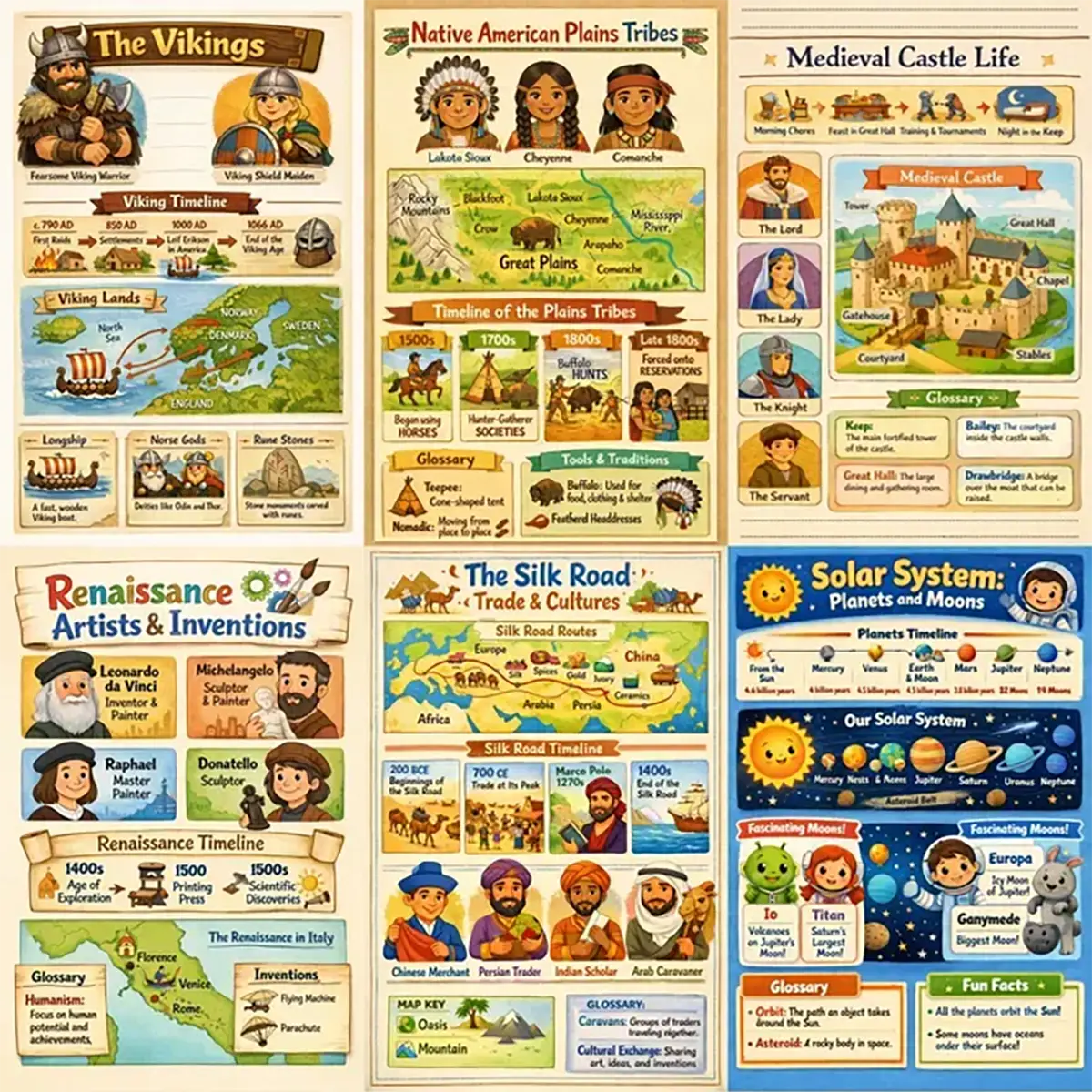 Example output from the Kids History Timeline Sheets ChatGPT prompt: a six-sheet grid of illustrated classroom worksheets on Vikings, Plains tribes, medieval castle life, Renaissance artists, the Silk Road and the solar system, each with timelines, maps, character cards and glossary boxes.