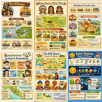 Example output from the Kids History Timeline Sheets ChatGPT prompt: a six-sheet grid of illustrated classroom worksheets on Vikings, Plains tribes, medieval castle life, Renaissance artists, the Silk Road and the solar system, each with timelines, maps, character cards and glossary boxes.