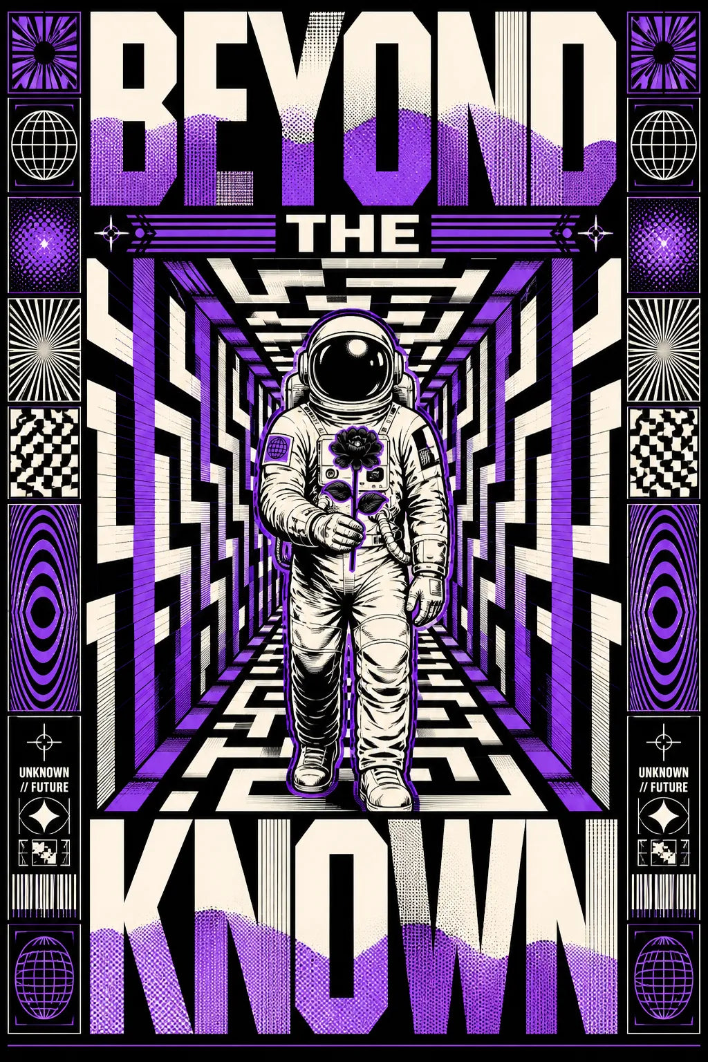 Example output from the Kinetic Opart Quote Posters ChatGPT prompt: a purple op-art poster reading Beyond The Known, with an astronaut standing in a tessellated corridor.