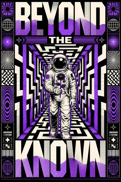 Example output from the Kinetic Opart Quote Posters ChatGPT prompt: a purple op-art poster reading Beyond The Known, with an astronaut standing in a tessellated corridor.